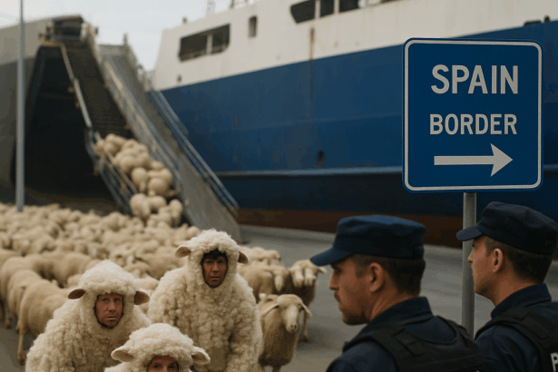 Ilustrație realistă cu trei persoane costumate în oi la granița Spaniei, printre oi reale, supravegheate de polițiști de frontieră.