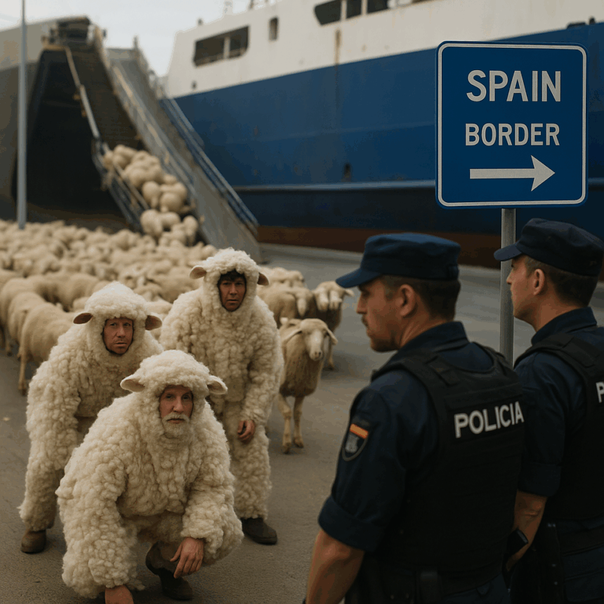 Ilustrație realistă cu trei persoane costumate în oi la granița Spaniei, printre oi reale, supravegheate de polițiști de frontieră.