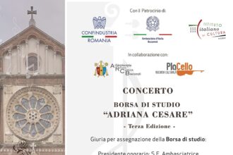 Locandina ufficiale del Concerto Adriana Cesare Bucarest 2025, terza edizione della Borsa di Studio Adriana Cesare, presso la Cattedrale di San Giuseppe a Bucarest.