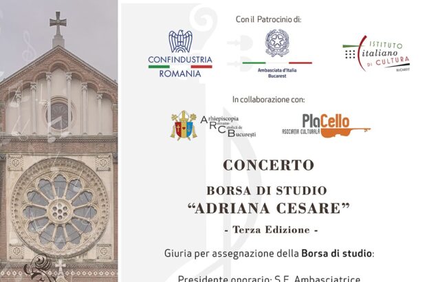 Locandina ufficiale del Concerto Adriana Cesare Bucarest 2025, terza edizione della Borsa di Studio Adriana Cesare, presso la Cattedrale di San Giuseppe a Bucarest.