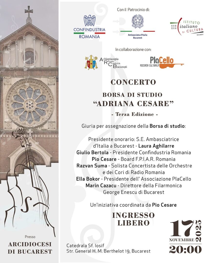 Locandina ufficiale del Concerto Adriana Cesare Bucarest 2025, terza edizione della Borsa di Studio Adriana Cesare, presso la Cattedrale di San Giuseppe a Bucarest.