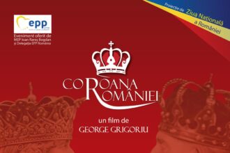 Afiș oficial al proiecției „Coroana României” la Bruxelles, cu Regina Maria și Regele Ferdinand, eveniment găzduit de Rareș Bogdan și Delegația EPP România.