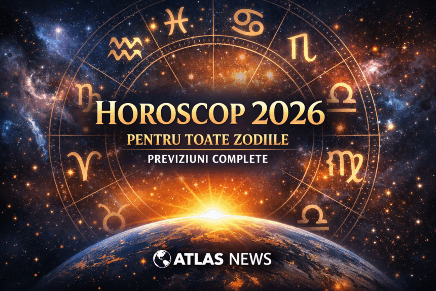 Horoscop 2026 pentru toate zodiile – previziuni complete Atlas News, cu simboluri astrologice pe fundal cosmic