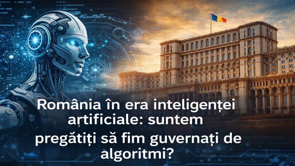 Ilustrație conceptuală despre inteligența artificială și guvernarea algoritmică în România, simbolizând relația dintre tehnologie și decizia publică