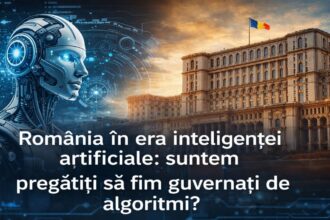 Ilustrație conceptuală despre inteligența artificială și guvernarea algoritmică în România, simbolizând relația dintre tehnologie și decizia publică