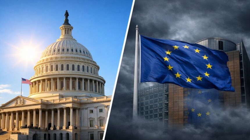 Clădirea Capitoliului SUA luminată de soare, în contrast cu sediul Uniunii Europene aflat sub cer întunecat, simbolizând ruptura privind libertatea de exprimare