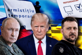 Colaj editorial cu Vladimir Putin, Donald Trump și Volodimir Zelensky, pe fundalul steagurilor Rusiei și Ucrainei, cu elemente simbolice privind armistițiul temporar și un posibil referendum de pace.