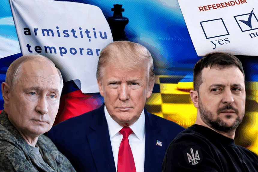 Colaj editorial cu Vladimir Putin, Donald Trump și Volodimir Zelensky, pe fundalul steagurilor Rusiei și Ucrainei, cu elemente simbolice privind armistițiul temporar și un posibil referendum de pace.