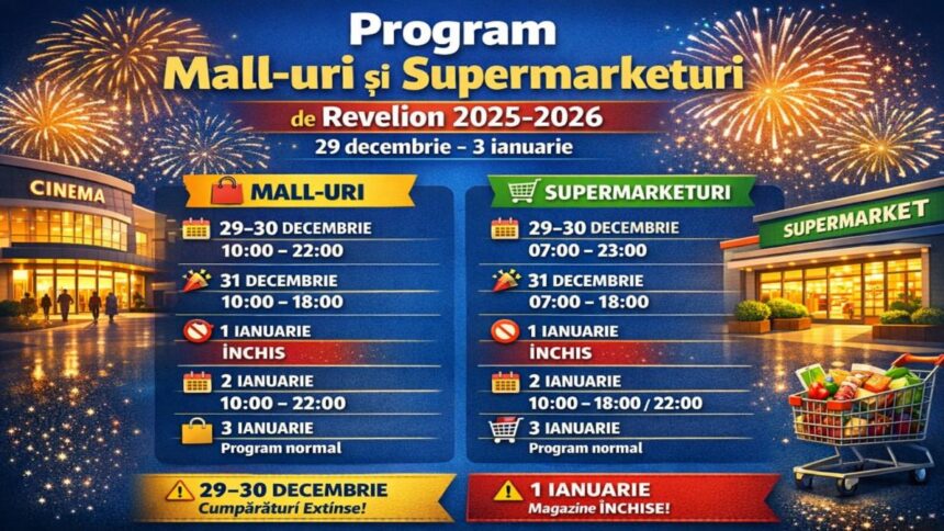 Program mall-uri și supermarketuri de Revelion 2025–2026, cu orar special între 29 decembrie și 3 ianuarie 2026