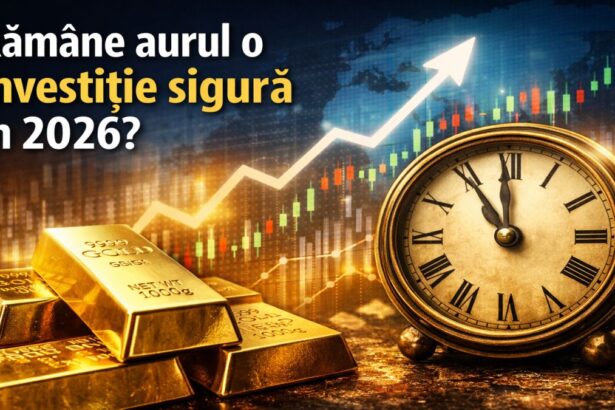 Lingouri de aur și grafic de creștere pe fundal economic global, simbol al investițiilor de refugiu în 2026