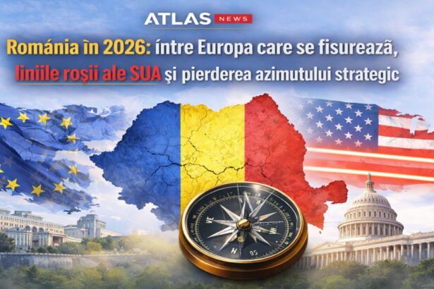 România poziționată simbolic între Uniunea Europeană fragmentată și Statele Unite, ilustrând pierderea azimutului strategic în 2026