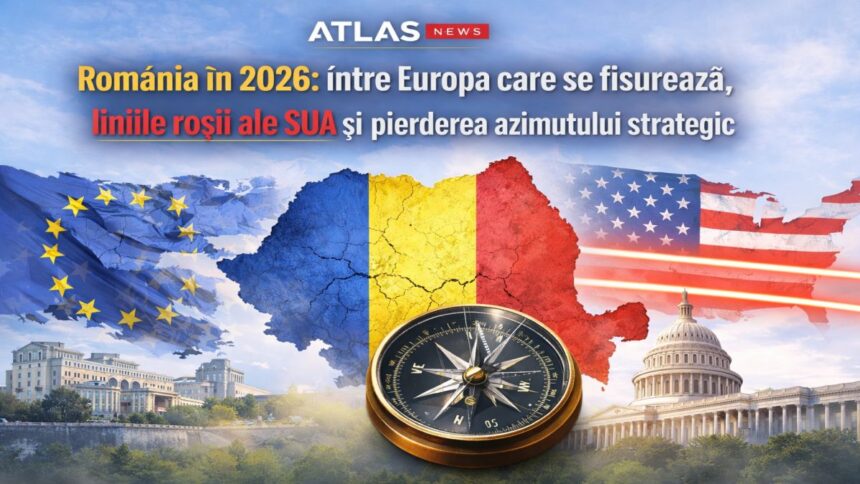 România poziționată simbolic între Uniunea Europeană fragmentată și Statele Unite, ilustrând pierderea azimutului strategic în 2026