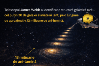 Ilustrație artistică a unui lanț de galaxii din Universul timpuriu, observat în datele telescopului spațial James Webb.
