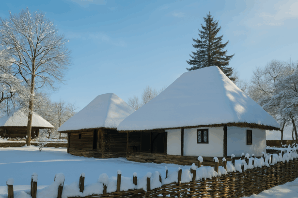 Sat românesc iarna, cu gospodării tradiționale și obiceiuri de Crăciun