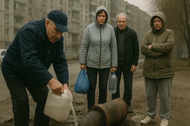 Oameni adunând apă dintr-o conductă spartă, într-un cartier degradat, simbolizând criza și neglijența autorităților.