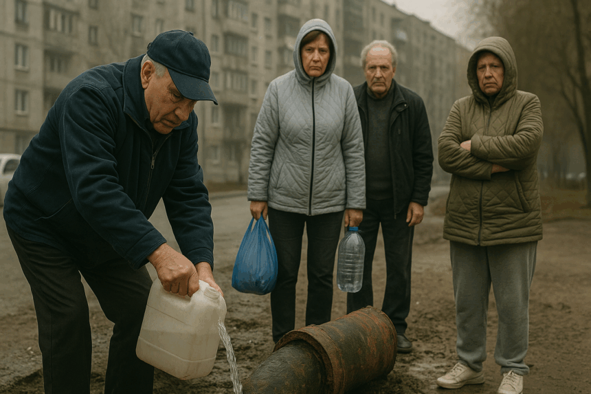 Oameni adunând apă dintr-o conductă spartă, într-un cartier degradat, simbolizând criza și neglijența autorităților.