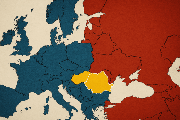 Ilustrație geopolitică a rupturii dintre SUA și Europa, cu România vulnerabilă pe frontul estic