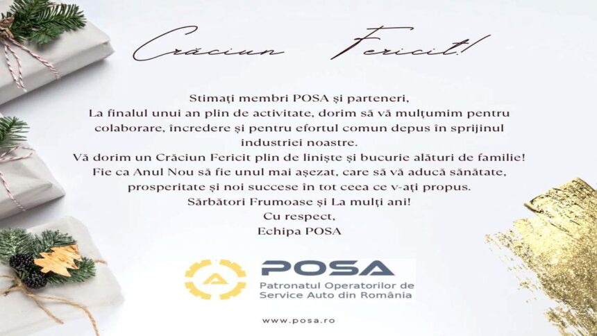 Felicitare de Crăciun POSA cu mesaj de sărbători și urări de liniște pentru membri și colaboratori