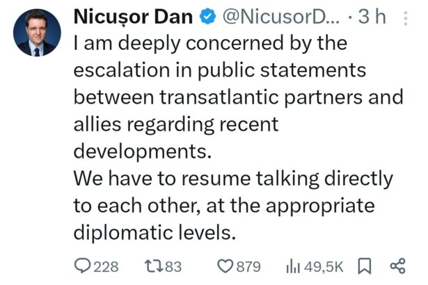 Președintele României a transmis că este „profund îngrijorat” de tensiunile apărute între SUA și Uniunea Europeană, evitând orice poziționare directă și reiterând apelul tradițional al diplomației românești la dialog și prudență.