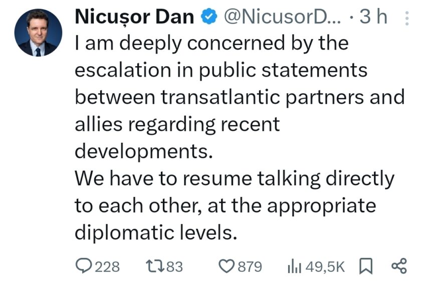 Președintele României a transmis că este „profund îngrijorat” de tensiunile apărute între SUA și Uniunea Europeană, evitând orice poziționare directă și reiterând apelul tradițional al diplomației românești la dialog și prudență.