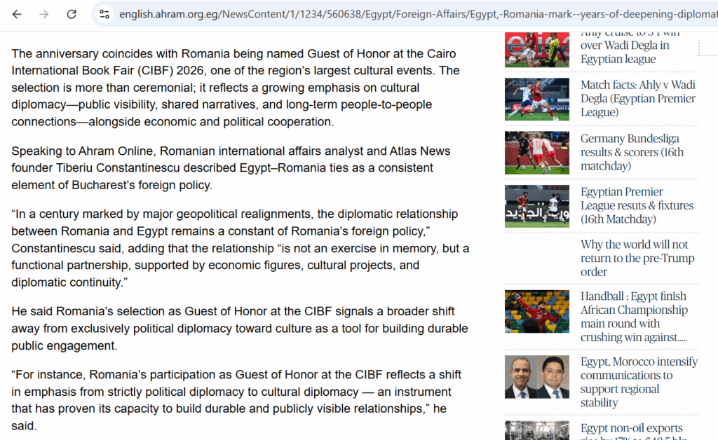 Atlas News cited by Al-Ahram in an article on diplomatic relations between Romania and Egypt