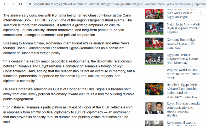 Atlas News cited by Al-Ahram in an article on diplomatic relations between Romania and Egypt