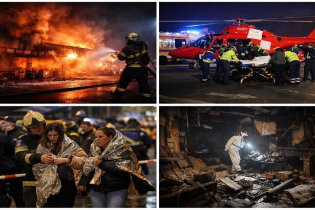 Colaj cu intervenția echipajelor de urgență după explozia și incendiul din clubul din Crans-Montana, Elveția, cu pompieri, elicopter medical și zona afectată