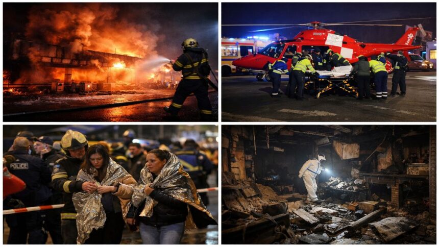 Colaj cu intervenția echipajelor de urgență după explozia și incendiul din clubul din Crans-Montana, Elveția, cu pompieri, elicopter medical și zona afectată