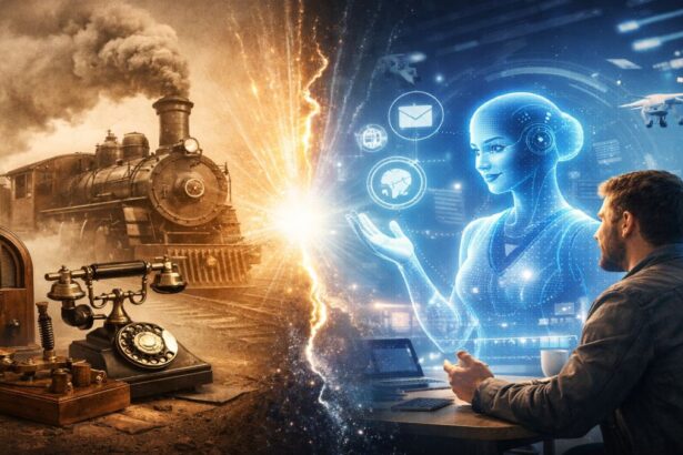 Ilustrație simbolică despre evoluția tehnologică și integrarea inteligenței artificiale în viața cotidiană a oamenilor