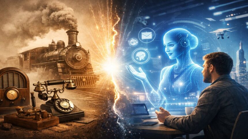 Ilustrație simbolică despre evoluția tehnologică și integrarea inteligenței artificiale în viața cotidiană a oamenilor