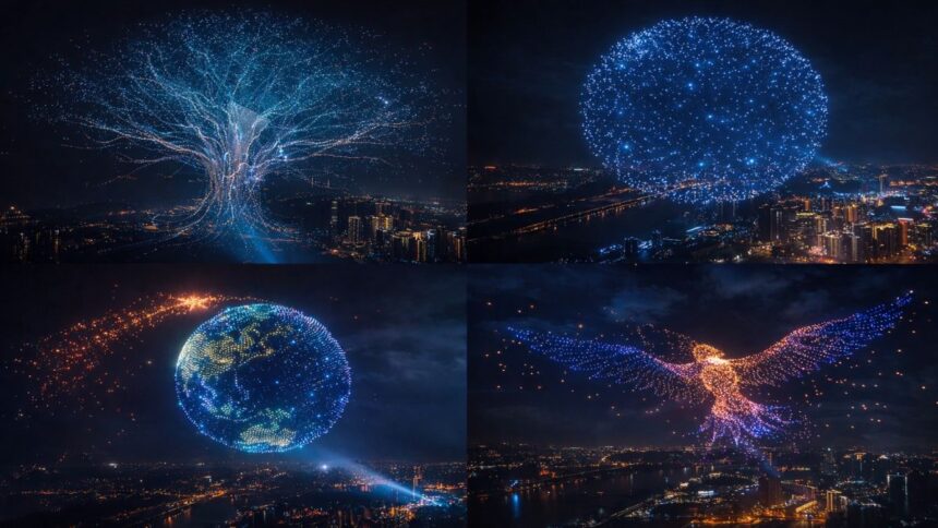 Spectacol aerian cu aproape 16.000 de drone sincronizate deasupra orașului Liuyang, China, stabilind un nou record mondial Guinness