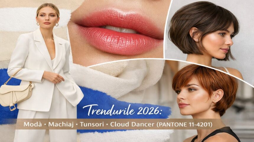 Trendurile anului 2026 în modă și beauty: ținute feminine în nuanța Cloud Dancer, machiaj natural și tunsori moderne pentru femei