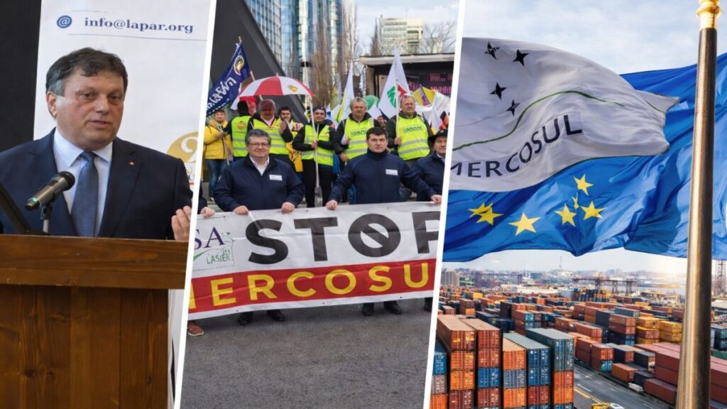 Colaj cu Nicu Vasile, președintele LAPAR, vorbind la tribună, protest al fermierilor europeni cu banner „STOP MERCOSUR” și steagurile Uniunii Europene și MERCOSUR deasupra unui port comercial, simbolizând impactul acordului asupra agriculturii UE.