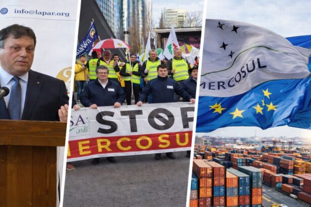 Colaj cu Nicu Vasile, președintele LAPAR, vorbind la tribună, protest al fermierilor europeni cu banner „STOP MERCOSUR” și steagurile Uniunii Europene și MERCOSUR deasupra unui port comercial, simbolizând impactul acordului asupra agriculturii UE.