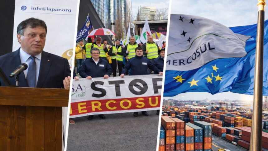 Colaj cu Nicu Vasile, președintele LAPAR, vorbind la tribună, protest al fermierilor europeni cu banner „STOP MERCOSUR” și steagurile Uniunii Europene și MERCOSUR deasupra unui port comercial, simbolizând impactul acordului asupra agriculturii UE.