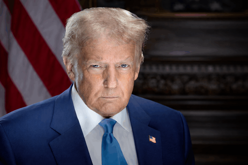 Portret al președintelui Donald Trump, cu steagul Statelor Unite în fundal, într-un cadru oficial ce sugerează fermitate și autoritate politică.