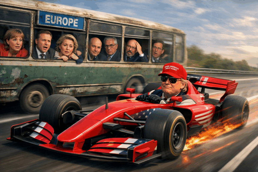 Editorial illustration symbolizing the contrast between rapid U.S. decision-making and the slow pace of European diplomacy in the current geopolitical landscape.