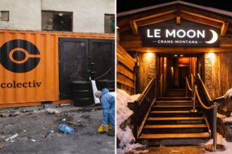 Comparație vizuală între tragedia din clubul Colectiv și incidentul din Crans-Montana, simbolizând riscurile evacuării dificile în spații aglomerate.