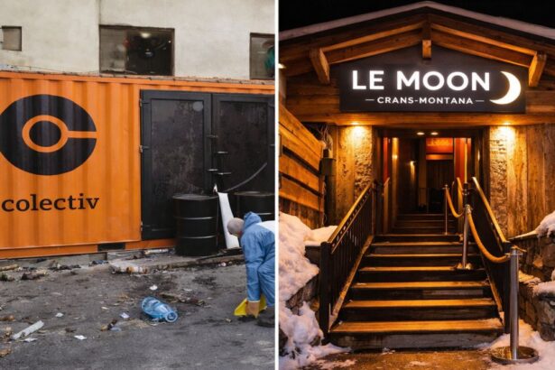 Comparație vizuală între tragedia din clubul Colectiv și incidentul din Crans-Montana, simbolizând riscurile evacuării dificile în spații aglomerate.