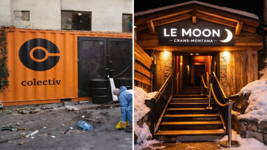 Comparație vizuală între tragedia din clubul Colectiv și incidentul din Crans-Montana, simbolizând riscurile evacuării dificile în spații aglomerate.