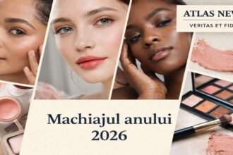 Machiajul anului 2026 ilustrat într-un colaj beauty cu ten natural, halo lips și look-uri feminine moderne, sub sigla Atlas News