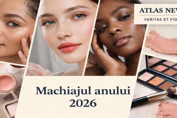 Machiajul anului 2026 ilustrat într-un colaj beauty cu ten natural, halo lips și look-uri feminine moderne, sub sigla Atlas News
