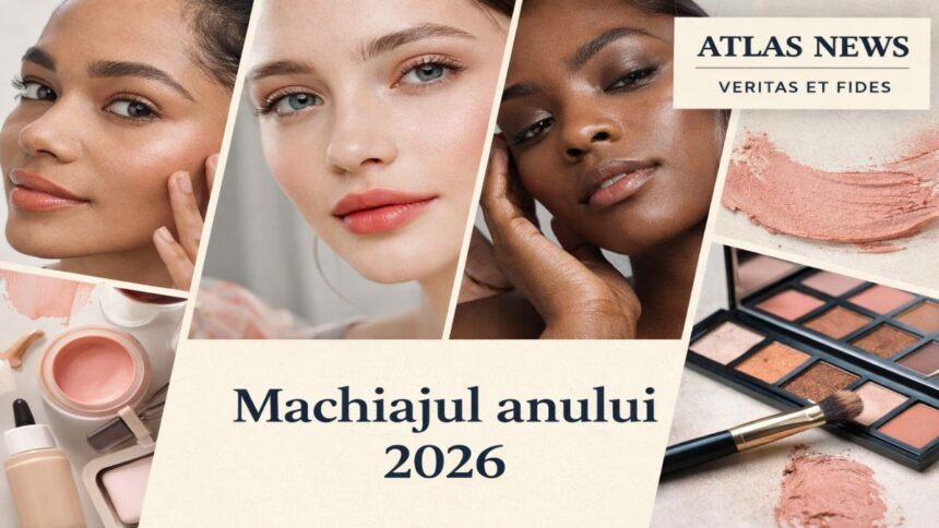 Machiajul anului 2026 ilustrat într-un colaj beauty cu ten natural, halo lips și look-uri feminine moderne, sub sigla Atlas News