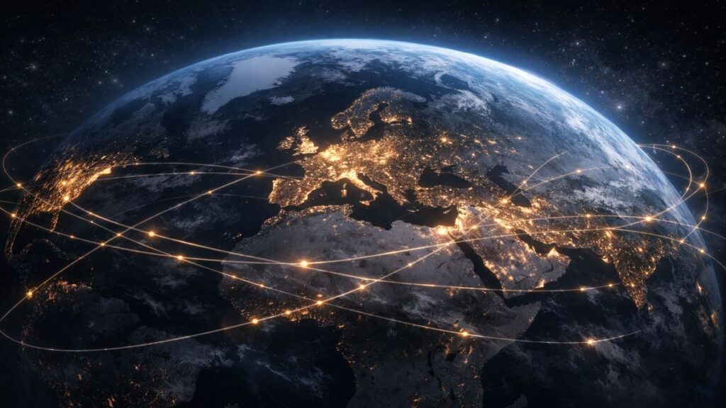 Earth viewed from space with Europe illuminated at the center and global trade routes highlighted toward the United States, the Middle East, and Asia, symbolizing geopolitical pressure and global security dynamics.
