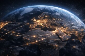 Earth viewed from space with Europe illuminated at the center and global trade routes highlighted toward the United States, the Middle East, and Asia, symbolizing geopolitical pressure and global security dynamics.