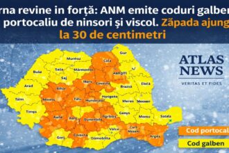 Hartă meteo România cu avertizări ANM cod galben și cod portocaliu de ninsori și viscol, cu sigla Atlas News