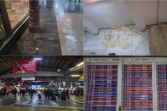 nteriorul Gării de Nord București, cu panouri de informare operate manual și spații degradate, reflectând abandonul instituțional