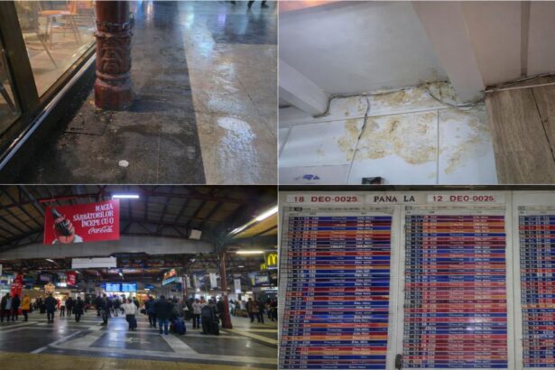 nteriorul Gării de Nord București, cu panouri de informare operate manual și spații degradate, reflectând abandonul instituțional