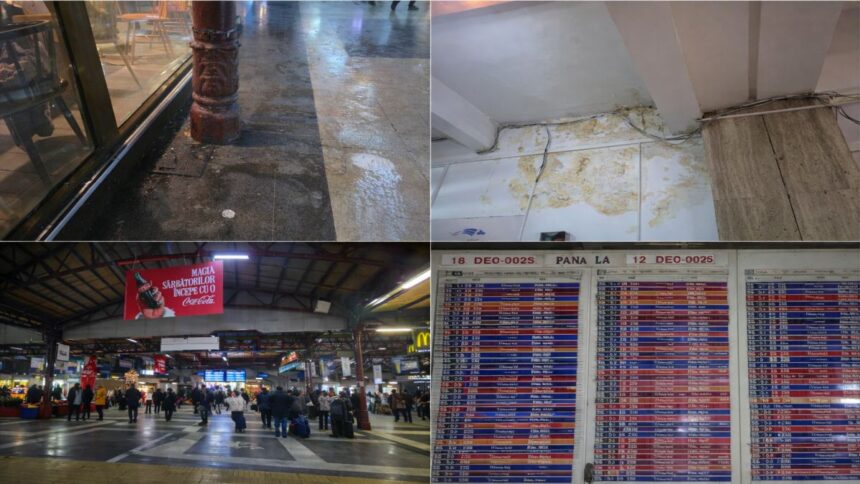nteriorul Gării de Nord București, cu panouri de informare operate manual și spații degradate, reflectând abandonul instituțional