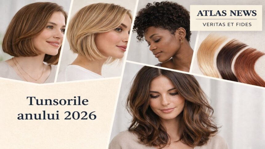 Tunsorile anului 2026 ilustrate într-un colaj cu femei cu păr bob, lob și tunsori moderne, sub sigla Atlas News